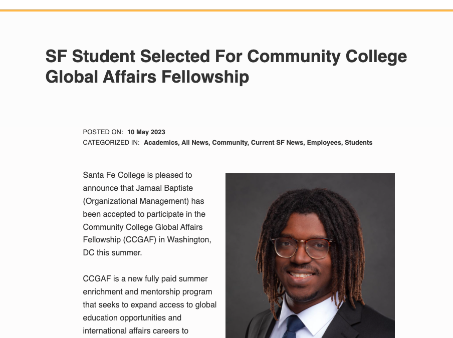 SF Student Selected For Community College Global Affairs Fellowship | Santa Fe College highlights Jamaal Baptiste (CCGAF ’23)