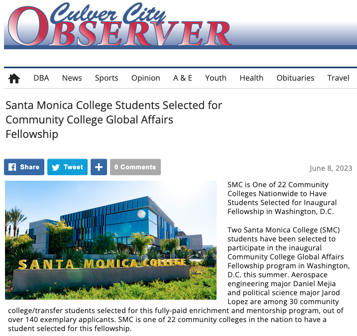 Santa Monica College Students Selected for Community College Global Affairs Fellowship | Culver City Observer highlights Daniel Mejia and Jarod Lopez (CCGAF ’23)